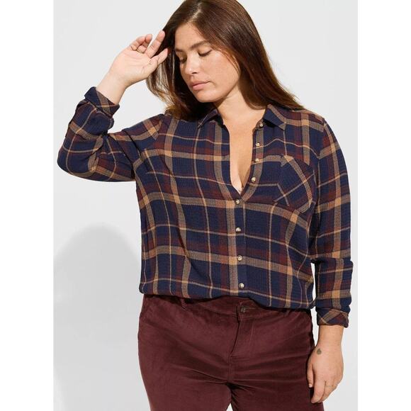 torrid Tops - Torrid Lizzie Crinkle Flannel Gauze Button Up Tunic Navy Plaid Plus Size 3 3X